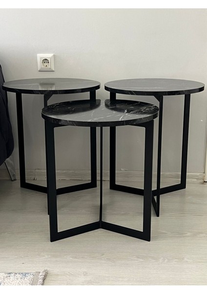 Asya 3'lü Metal Zigon Sehpa Siyah Mermer Desen modelleri
