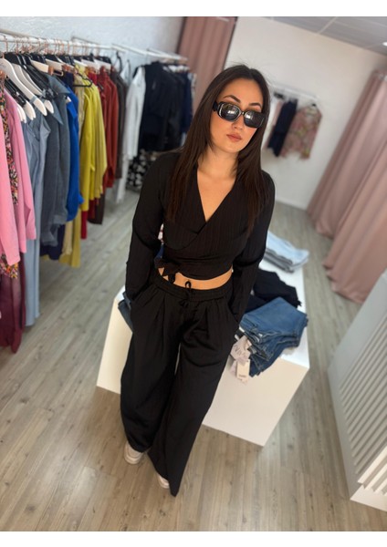 V Yaka Bağlamalı Bluz Beli Lastikli Pantolon Takım fiyatları