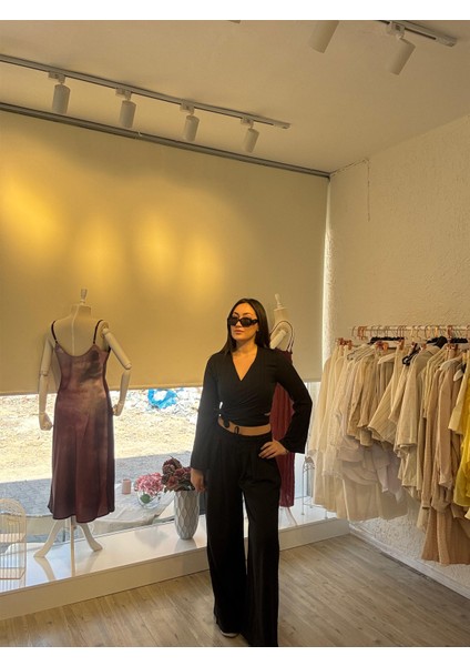 V Yaka Bağlamalı Bluz Beli Lastikli Pantolon Takım modelleri