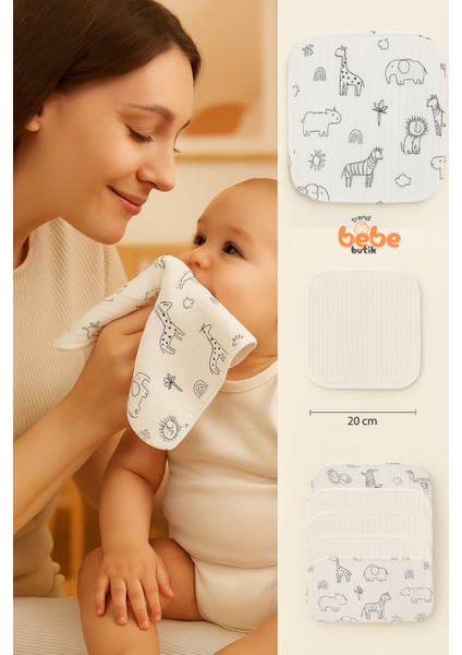 7’li Hayvan Figürlü %100 Pamuk Ribana Bebek Ağız Mendili Emici ve Yumuşak Ağız Bezi Seti 20X20CM