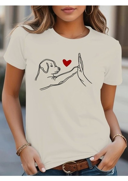 Kadın Kısa Kollu Bisiklet Yaka Köpek Baskılı Viskon Bluz