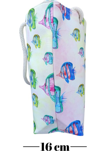 Kadın Plaj Çantası Balık Resimleri Desenli Piknik ve Günlük Kullanım Yumuşak Halat Saplı