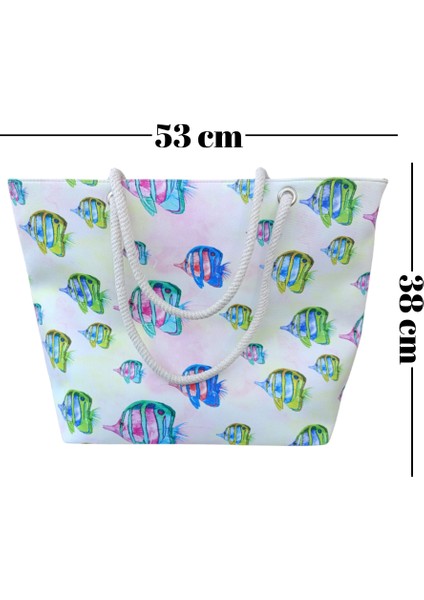 Kadın Plaj Çantası Balık Resimleri Desenli Piknik ve Günlük Kullanım Yumuşak Halat Saplı