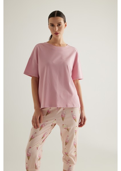 Kadın Pamuklu Kısa Kollu Kapri Pijama Takımı