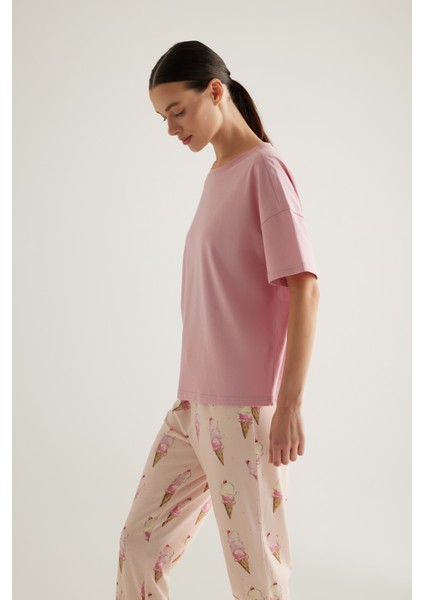 Kadın Pamuklu Kısa Kollu Kapri Pijama Takımı