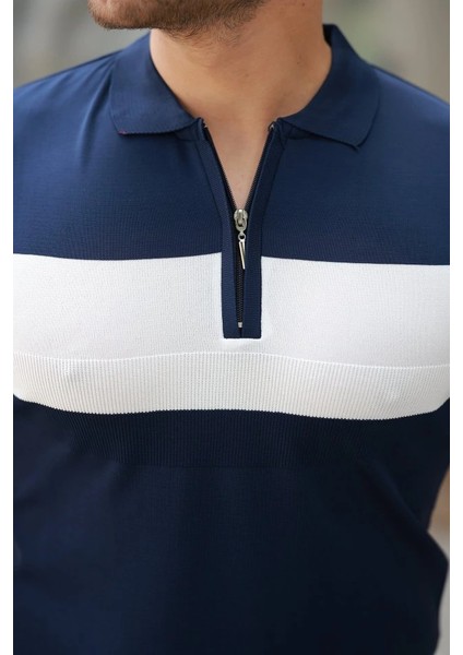 Erkek Fermuar Yakalı Şerit Renk Desenli Kısa Kollu Tişört modelleri