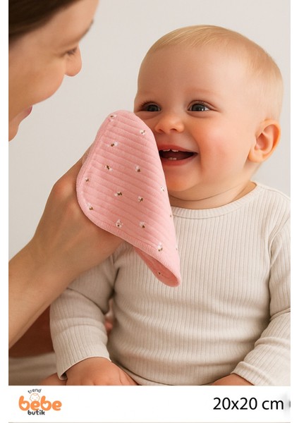 7’li Pamuklu Ribana Bebek Ağız Mendili Pudra Çiçek Desenli ve Düz Set Yumuşak Temizlik Bezi