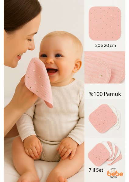 7’li Pamuklu Ribana Bebek Ağız Mendili Pudra Çiçek Desenli ve Düz Set Yumuşak Temizlik Bezi fiyatları