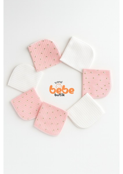 7’li Pamuklu Ribana Bebek Ağız Mendili Pudra Çiçek Desenli ve Düz Set Yumuşak Temizlik Bezi modelleri