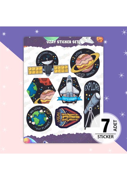 Uzay Sticker Seti, Astronot Temalı Sticker, 7 Adet Uzay Etiket