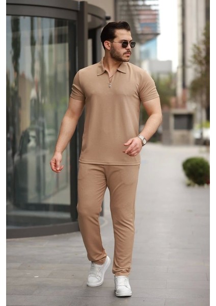 Erkek Yakalı Fermuarlı T-Shirt Pantolon Ikili Rahat Takım