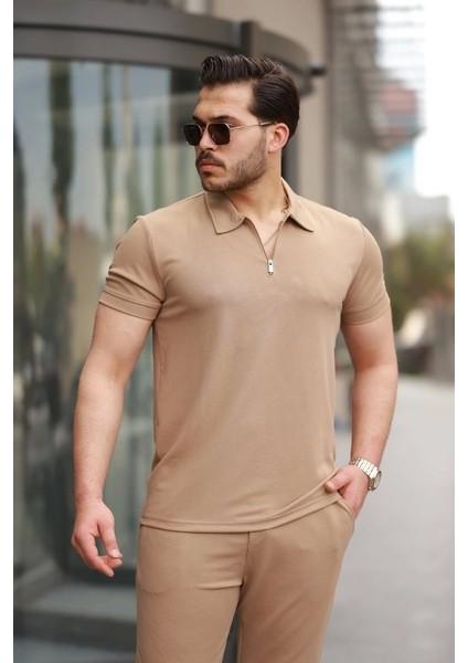Erkek Yakalı Fermuarlı T-Shirt Pantolon Ikili Rahat Takım modelleri