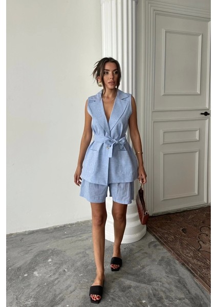 Keten Yelek - Şort Takım - Mavi fırsatları