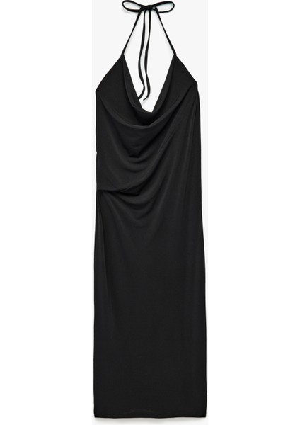 Krep Kumaş Slim Fit Boyundan Bağlamalı Halter Yaka Midi Boy Elbise