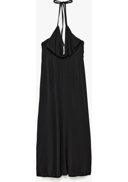 Krep Kumaş Slim Fit Boyundan Bağlamalı Halter Yaka Midi Boy Elbise fiyatları