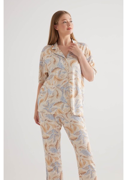 Kadın Plus Size Viscose Kısa Kollu Gömlek Pijama Üstü