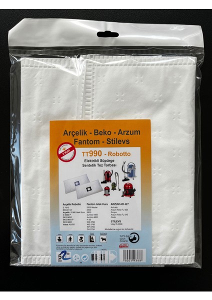 15 Adet Arcelık- Beko- Arzum- Fantom- Stilives TT990- ROBOTTO Elektrikli Süpürge Sentetik Toz Torbası