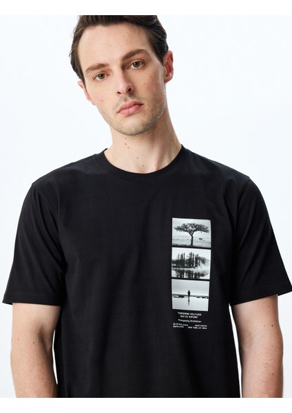 Regular Fit Pamuklu Baskılı Kısa Kollu Bisiklet Yaka Tişört