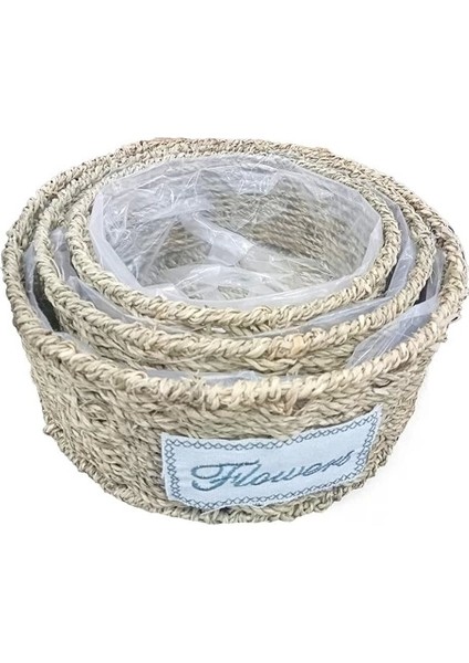 Yuvarlak Doğal Hasır Saksı Seti - 3'lü