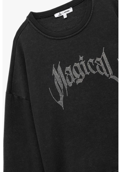 Şardonlu Uzun Kollu Bisiklet Yaka Taşlı Baskılı Oversize Sweatshirt modelleri