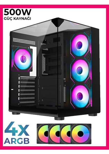 Teras 4xargb Fanlı Topglass 500W Psu USB 3.0 Gaming Bilgisayar Kasası