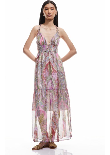 Astarlı Etnik Desenli Kat Kat Halter Yaka Askılı Uzun Şifon Elbise fiyatları