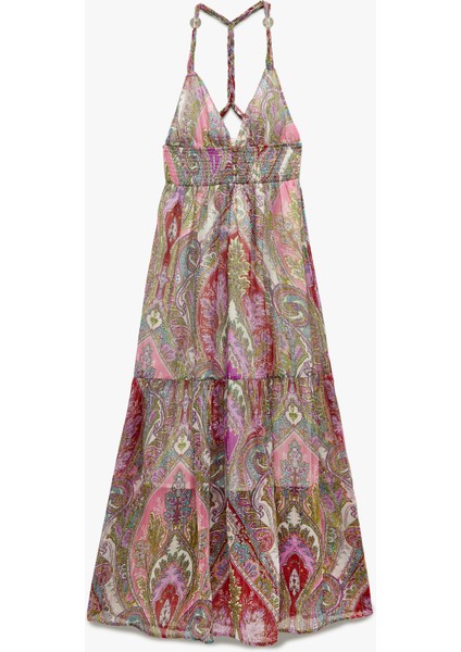 Astarlı Etnik Desenli Kat Kat Halter Yaka Askılı Uzun Şifon Elbise modelleri