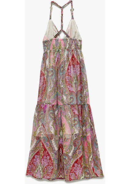 Astarlı Etnik Desenli Kat Kat Halter Yaka Askılı Uzun Şifon Elbise fırsatları