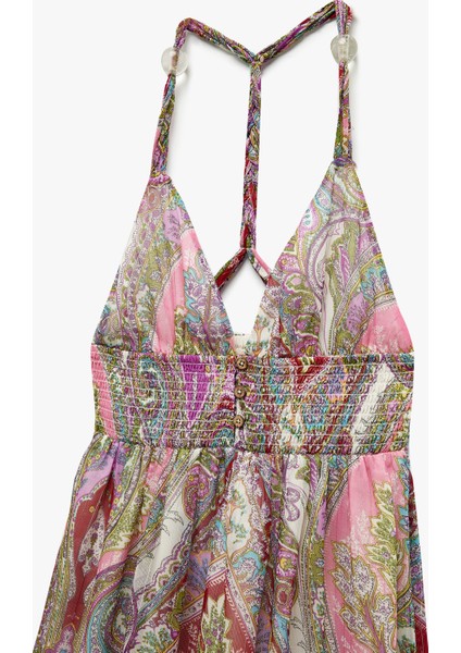 Astarlı Etnik Desenli Kat Kat Halter Yaka Askılı Uzun Şifon Elbise indirimleri