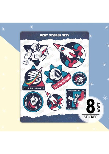 Uzay Sticker Seti, Astronot Temalı Sticker, 8 Adet Uzay Etiket