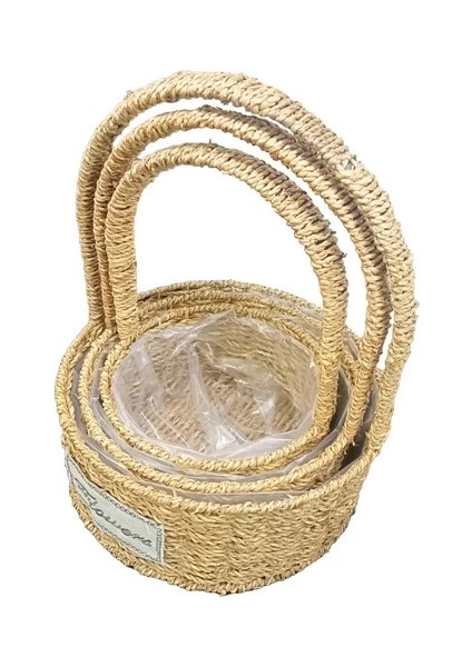 Yuvarlak Doğal Hasır Sepet Seti - 3'lü