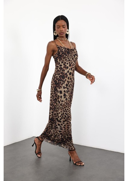 Siyah Leopar Desen Tül Elbise
