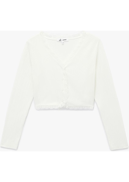 Dantel Detaylı Slim Fit Uzun Kollu V Yaka Crop Tişört