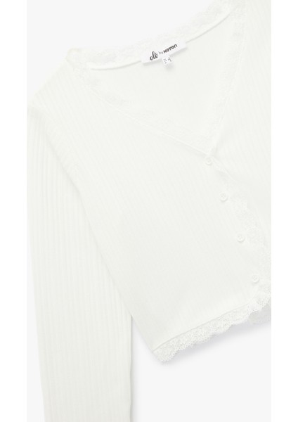 Dantel Detaylı Slim Fit Uzun Kollu V Yaka Crop Tişört modelleri