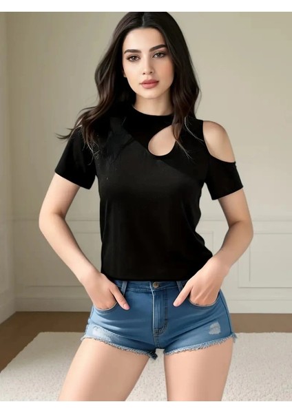 Kadın Kısa Kollu Tek Omuzu Açık Damla Detaylı Viskon Bluz indirimleri