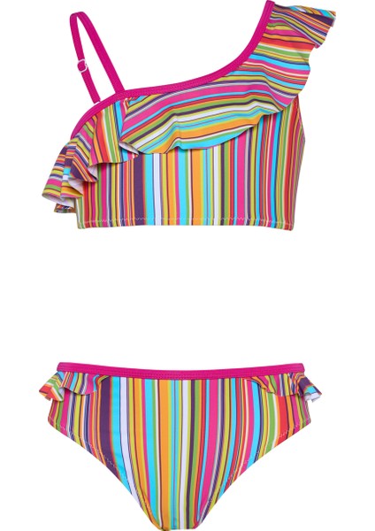 Kız Çocuk Çok Renkli Çizgili Fuşya Biyeli Bikini Takımı 25SG001ST