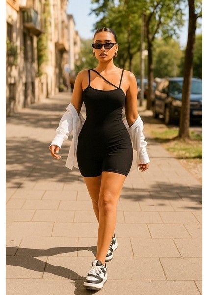 Kadın Asimetrik Askılı Mini Kaşkorse Bodycon Tulum