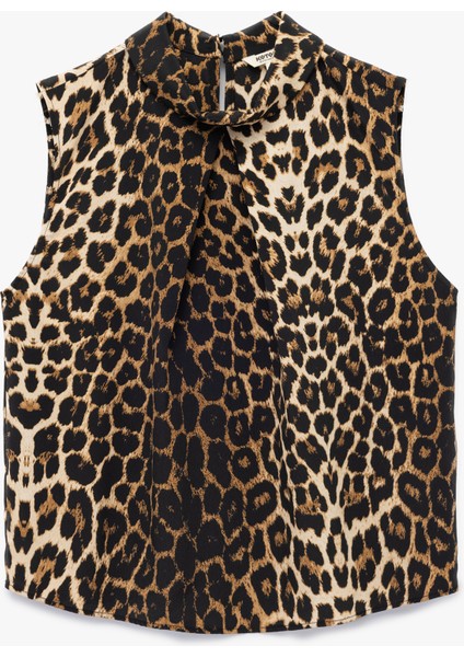 Dik Yaka Kolsuz Leopar Desenli Bluz