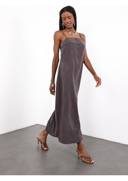 Acı Kahve Tencel Yanı Yırtmaçlı Maxi Boy Elbise 1057