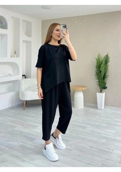 Kadın Kısa Kollu Bisiklet Yaka Viskon Iki Iplik Bluz ve Pantolon Ikili Takım indirimleri