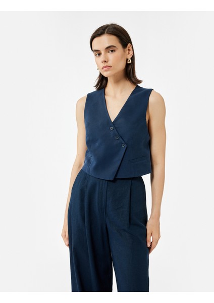 Modal Kumaş Asimetrik Kesim Düğmeli Kruvaze Crop Yelek