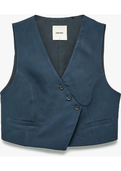 Modal Kumaş Asimetrik Kesim Düğmeli Kruvaze Crop Yelek modelleri