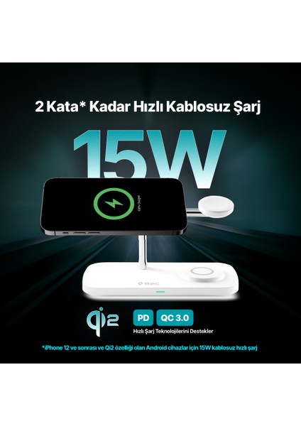 Aircharger Trio Pro Qi2/magsafe Özellikli 15W Iphone/android Özellikli 3’ü 1 Arada iPhone + App