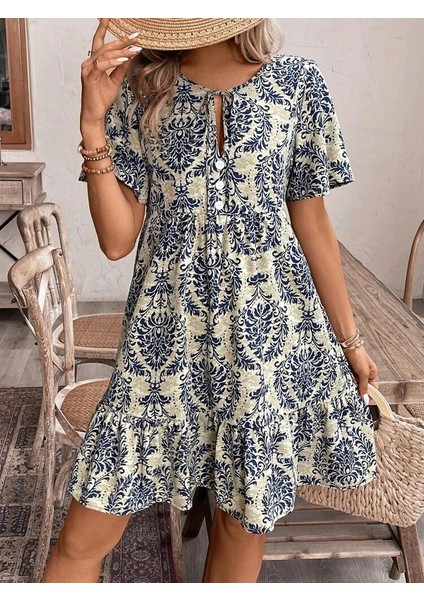 Kadın Kısa Kollu Yakadan Bağcıklı Desenli Fırfırlı Süprem Elbise modelleri