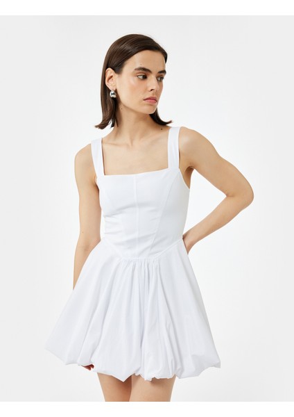 Astarlı Bol Kalıp Kare Yaka Kolsuz Askılı Mini Balon Elbise modelleri