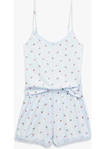 Dantelli Askılı Pötikareli Çiçekli Şortlu Pijama Takımı