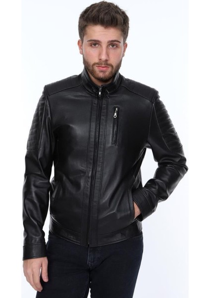 Hakiki Deri Siyah Fermuarlı Üç Cepli Erkek Deri Ceket