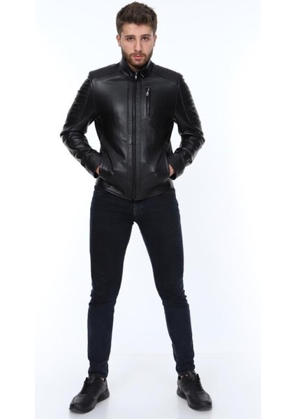 Hakiki Deri Siyah Fermuarlı Üç Cepli Erkek Deri Ceket fiyatları