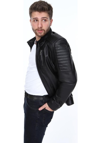 Hakiki Deri Siyah Fermuarlı Üç Cepli Erkek Deri Ceket fırsatları