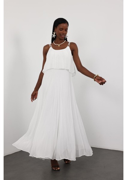 Beyaz Piliseli Şifon Elbise 00778